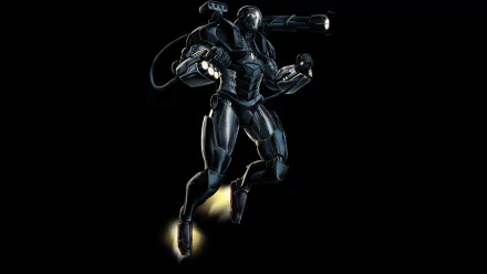 A dynamic comic-style image of War Machine, depicted in a striking pose with jet thrusters, showcasing its powerful armor against a dark background. Perfect HD wallpaper for fans.