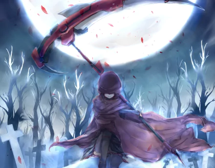 HD desktop wallpaper depicting Ruby Rose from RWBY, cloaked and wielding a scythe, set against a mystic forest background.