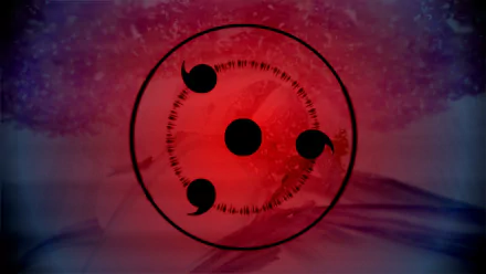 HD desktop wallpaper featuring the Sharingan, a signature element from Naruto Shippuden: Ultimate Ninja Storm Revolution. The background has a vibrant blend of red and purple hues.