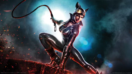 HD PC desktop wallpaper featuring Catwoman from the Infinite Crisis video game, poised in her iconic black suit with a whip against a smoky, dramatic background.