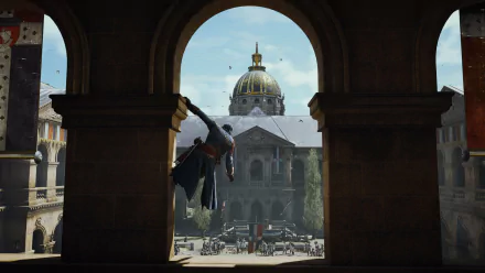 HD wallpaper of Assassin's Creed: Unity featuring a character leaping across a cityscape with a domed building in the background.