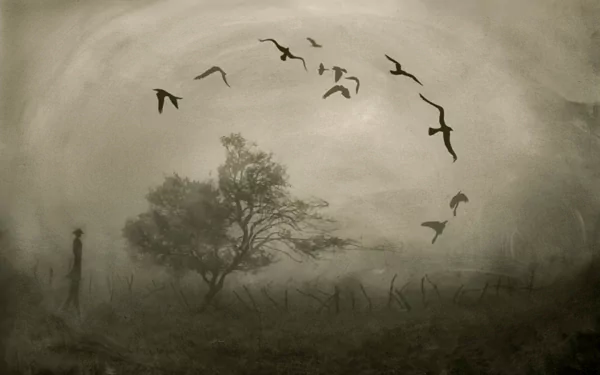 Artistic painting of a foggy landscape with a solitary tree and birds flying in a circular formation, rendered as an HD PC desktop wallpaper and background.