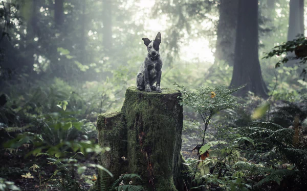 A cute Australian Cattle Dog sits atop a moss-covered stump in a foggy forest, surrounded by lush greenery and soft light filtering through the trees.