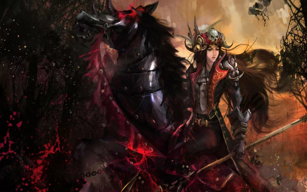 A powerful woman warrior stands confidently by a fierce black horse, surrounded by a dark, enchanting fantasy landscape, creating a striking HD PC desktop wallpaper.