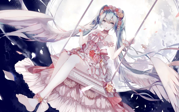 Hatsune Miku, a Vocaloid character, gracefully sits on a swing with the moon behind her, dressed in an elaborate floral gown, in this HD anime-themed desktop wallpaper.