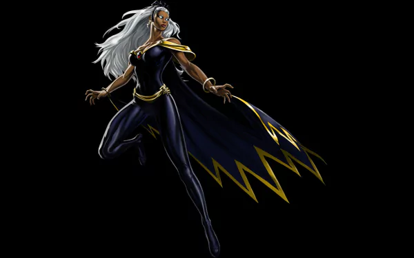 A striking HD desktop wallpaper featuring Storm from Marvel Comics, showcasing her dynamic pose and iconic black and gold costume against a dark background.