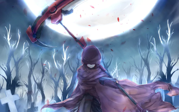 HD desktop wallpaper depicting Ruby Rose from RWBY, cloaked and wielding a scythe, set against a mystic forest background.