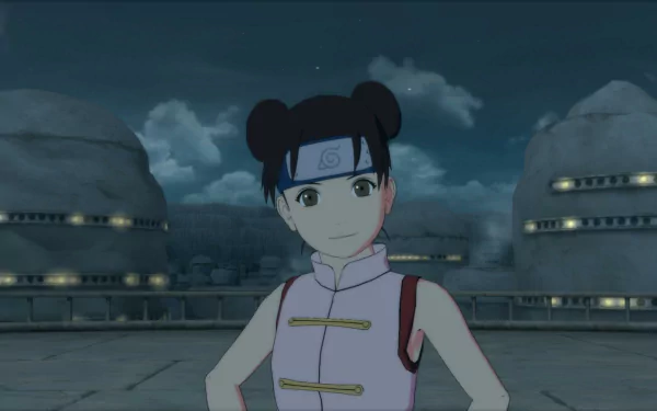 A HD desktop wallpaper featuring Tenten from Naruto Shippuden: Ultimate Ninja Storm Revolution, set against a nighttime background with large rocks and buildings in view.
