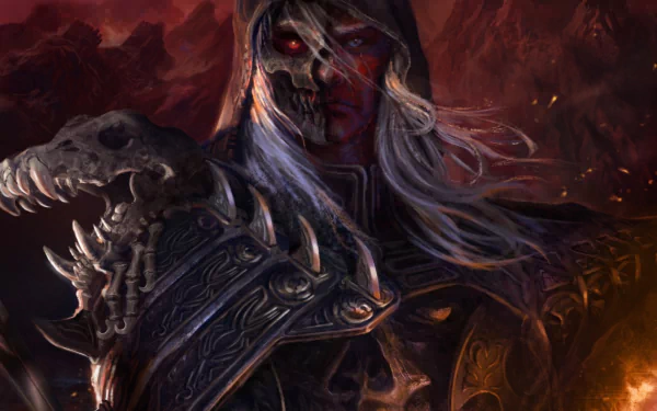 HD desktop wallpaper from the video game Legend Of The Cryptids features a dark, armored figure with glowing red eyes and skeletal motifs in a fiery, ominous setting.