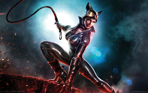 HD PC desktop wallpaper featuring Catwoman from the Infinite Crisis video game, poised in her iconic black suit with a whip against a smoky, dramatic background.