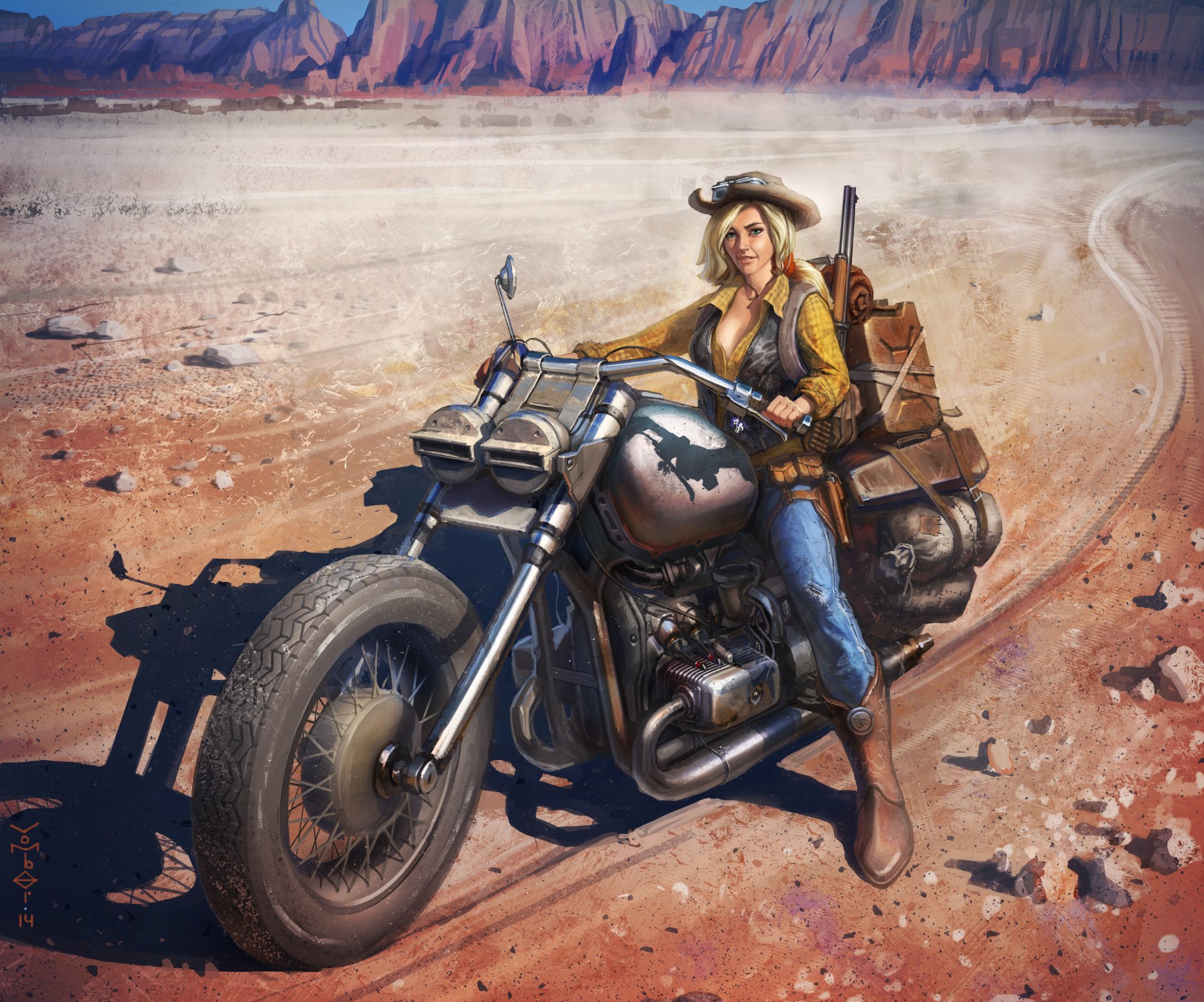 A fierce woman warrior rides a powerful motorcycle through a desolate landscape in this dynamic sci-fi HD wallpaper, offering a striking background for any desktop.