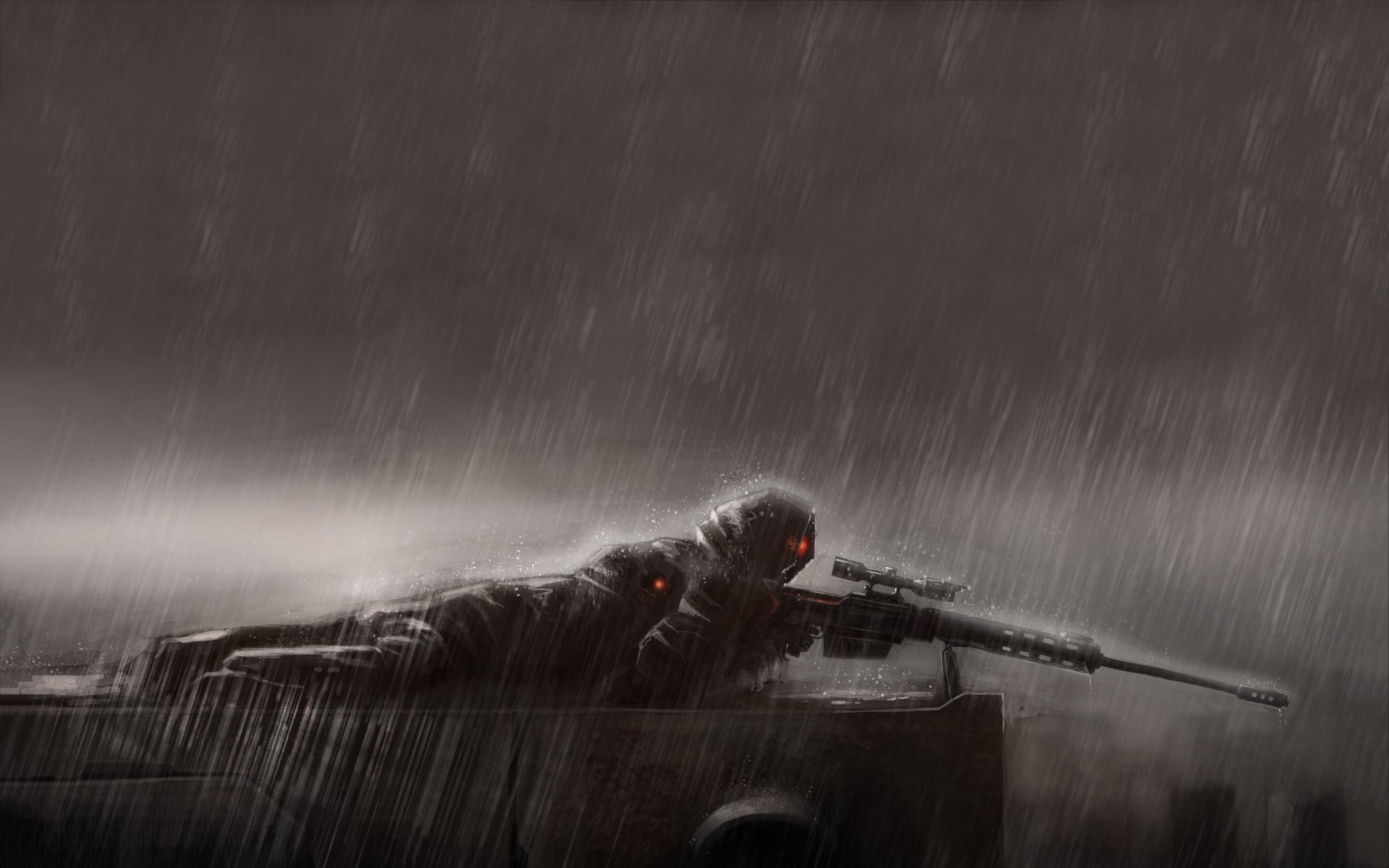 A dramatic HD desktop wallpaper featuring a stealthy sniper in a rain-soaked environment, blending military themes with intense imagery.