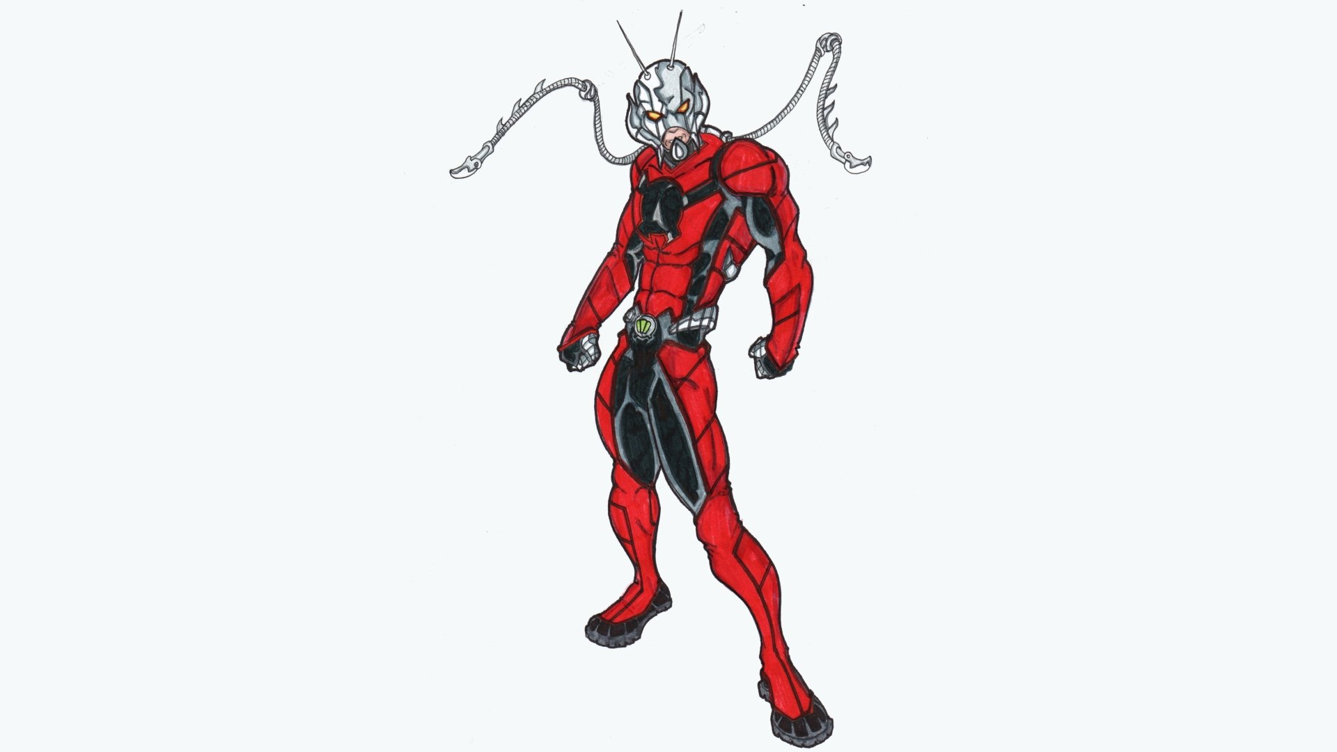 Comic-style Ant-Man in red and black suit with metallic helmet and antennae, designed as a 4K Ultra HD PC desktop wallpaper and background.
