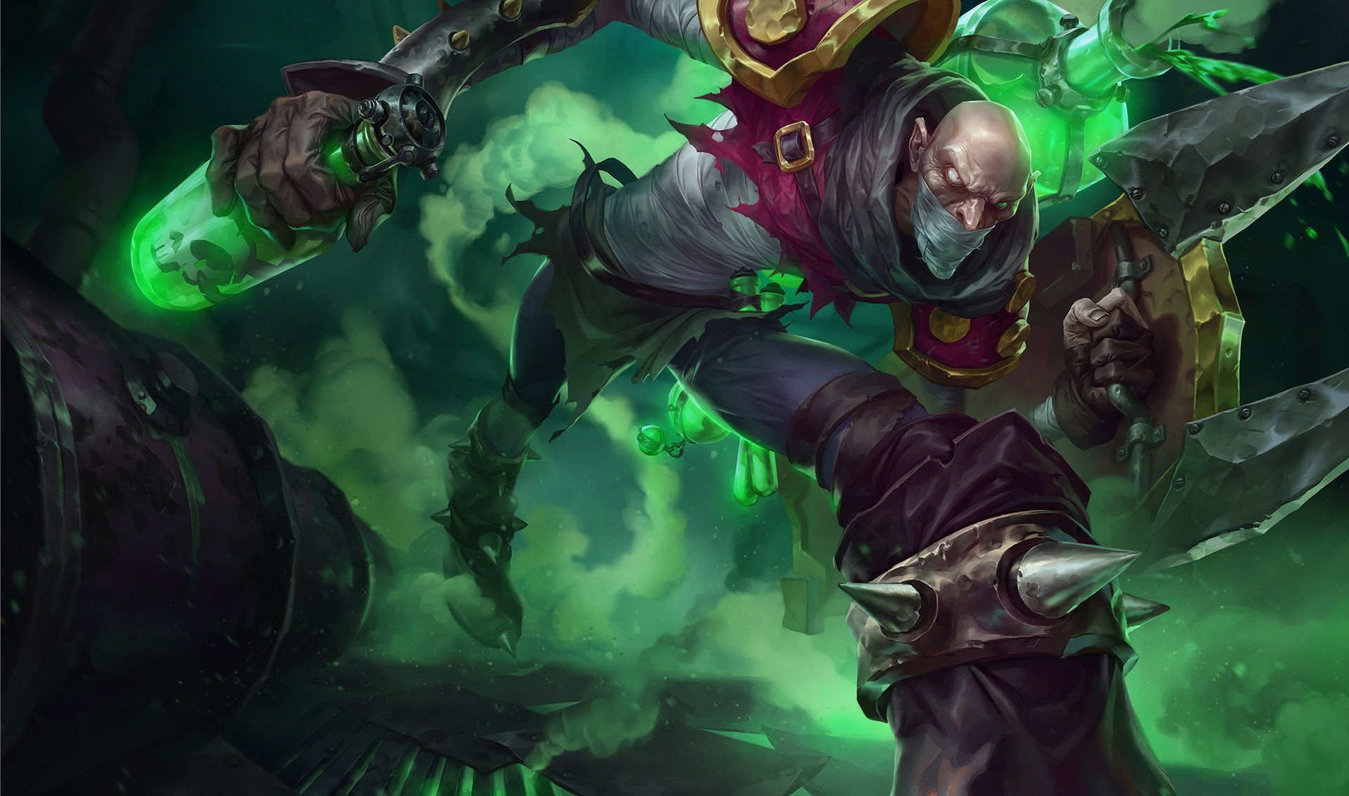 HD desktop wallpaper featuring Singed, a character from the video game League of Legends, surrounded by green toxic fumes in a dynamic action pose.