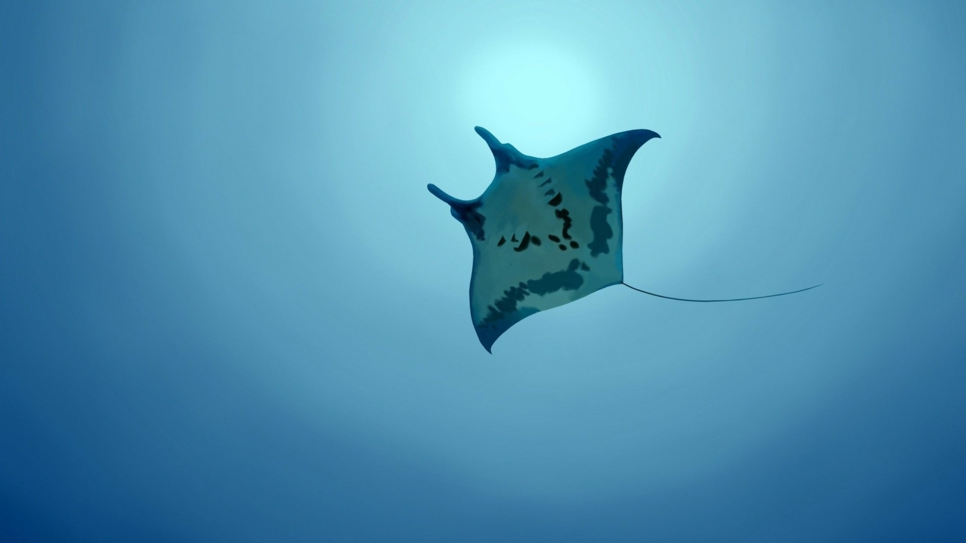 Underwater animal scene: a lone stingray glides beneath sunlit blue water, minimalist gradient — 2K Quad HD PC desktop wallpaper and background.