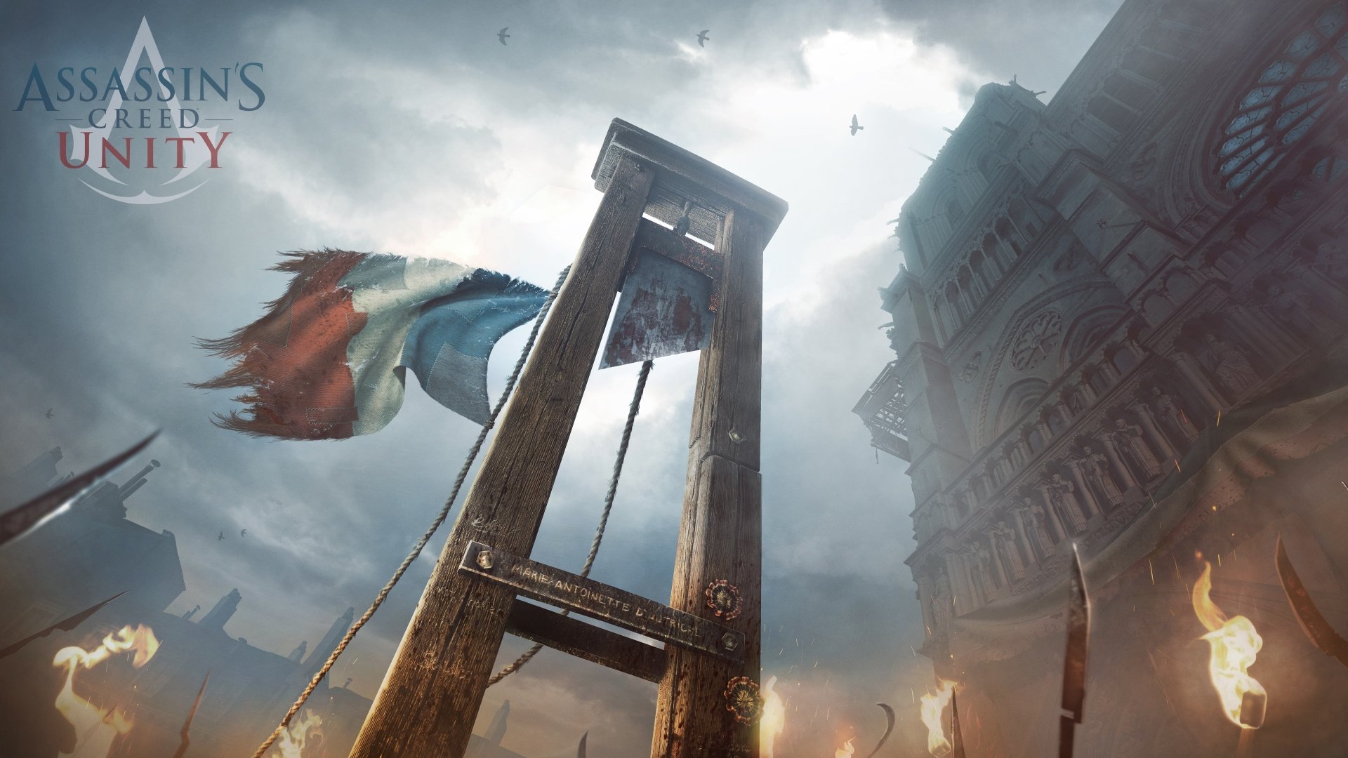 A dramatic scene from Assassin's Creed: Unity, featuring a guillotine against a backdrop of a tumultuous sky and a waving French flag, presented in stunning 4K Ultra HD.