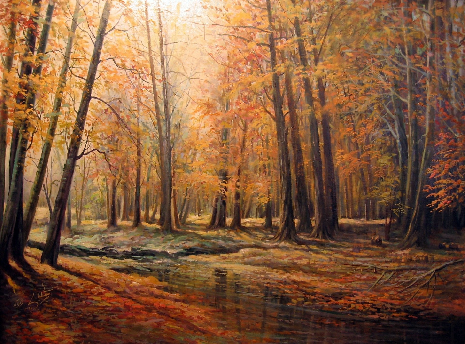 A vibrant painting of an autumn forest, showcasing colorful leaves and tall trees beside a serene stream, creating a captivating HD wallpaper for a nature-inspired backdrop.