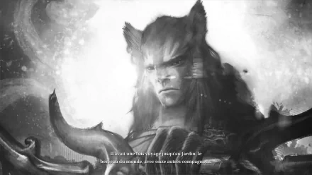 Grayscale HD PC desktop wallpaper: stern firran feline humanoid from the ArcheAge MMORPG (jeu), close-up portrait with fantasy armor and a moonlit glow.