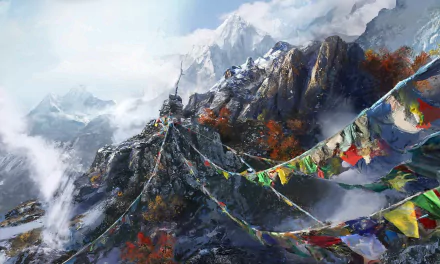 HD PC desktop wallpaper featuring a scenic mountainous landscape from the Far Cry 4 video game, with colorful prayer flags fluttering against a misty sky backdrop.