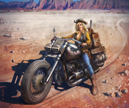 A fierce woman warrior rides a powerful motorcycle through a desolate landscape in this dynamic sci-fi HD wallpaper, offering a striking background for any desktop.