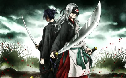 Anime characters Yato and Rabō from Noragami standing back to back, holding katanas with a dramatic cloudy sky and barren trees in the background. The image features grey-haired Rabō and black-haired Yato.