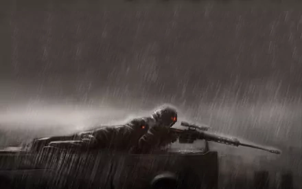 A dramatic HD desktop wallpaper featuring a stealthy sniper in a rain-soaked environment, blending military themes with intense imagery.
