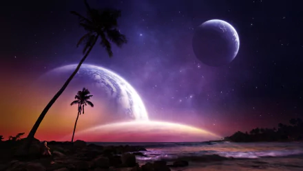 A sci-fi dream landscape featuring a beach with palm trees, calm sea, and two large satellites or moons glowing in a vibrant, starry night sky.