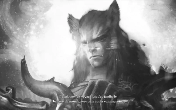 Grayscale HD PC desktop wallpaper: stern firran feline humanoid from the ArcheAge MMORPG (jeu), close-up portrait with fantasy armor and a moonlit glow.