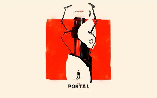 HD PC desktop wallpaper featuring minimalist Portal 2 artwork with a white robot and a small human figure against a bold red background.