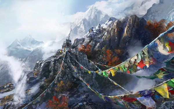 HD PC desktop wallpaper featuring a scenic mountainous landscape from the Far Cry 4 video game, with colorful prayer flags fluttering against a misty sky backdrop.