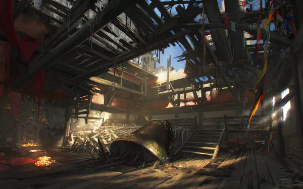 Far Cry 4 video game 4K Ultra HD PC desktop background: sunlit, ruined temple interior with broken beams, scattered debris and a toppled bell beneath fluttering prayer flags.