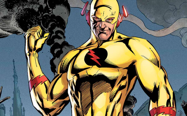 High-definition wallpaper featuring Reverse-Flash from the Flashpoint comic series, showcasing his dynamic pose and iconic costume against a dramatic background.
