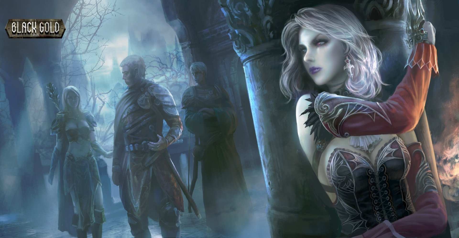 HD PC desktop wallpaper from the video game Black Gold Online, featuring a detailed fantasy scene with a focused female character and shadowy figures in a misty environment.