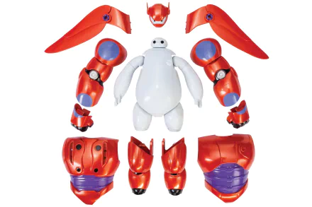 HD desktop wallpaper of Baymax from Big Hero 6 with disassembled red armor pieces around him.