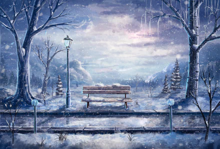 HD anime-style desktop wallpaper depicting a serene winter scene with a snow-covered bench between bare trees, under a glowing streetlamp.
