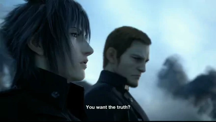 HD desktop wallpaper and background featuring characters from Final Fantasy XV with a dialogue caption You want the truth?