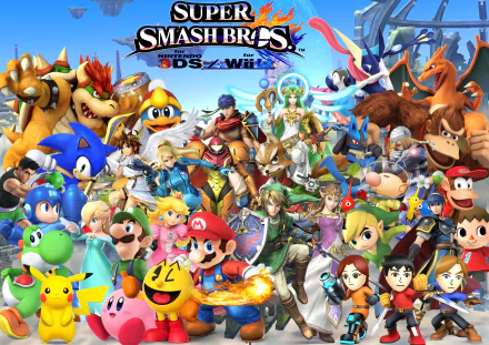 HD desktop wallpaper featuring various Super Smash Bros. characters for Nintendo 3DS and Wii U.