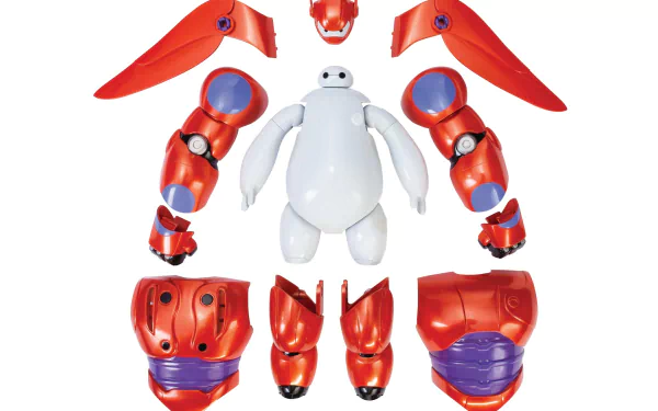 HD desktop wallpaper of Baymax from Big Hero 6 with disassembled red armor pieces around him.