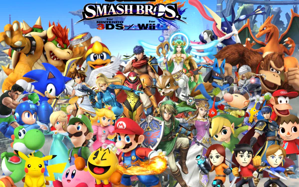HD desktop wallpaper featuring various Super Smash Bros. characters for Nintendo 3DS and Wii U.