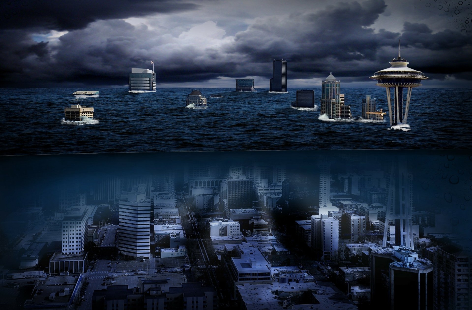 A post-apocalyptic Sci Fi view of Seattle skyline under a dramatic, apocalyptic sky, meeting the ocean in a haunting HD desktop wallpaper.