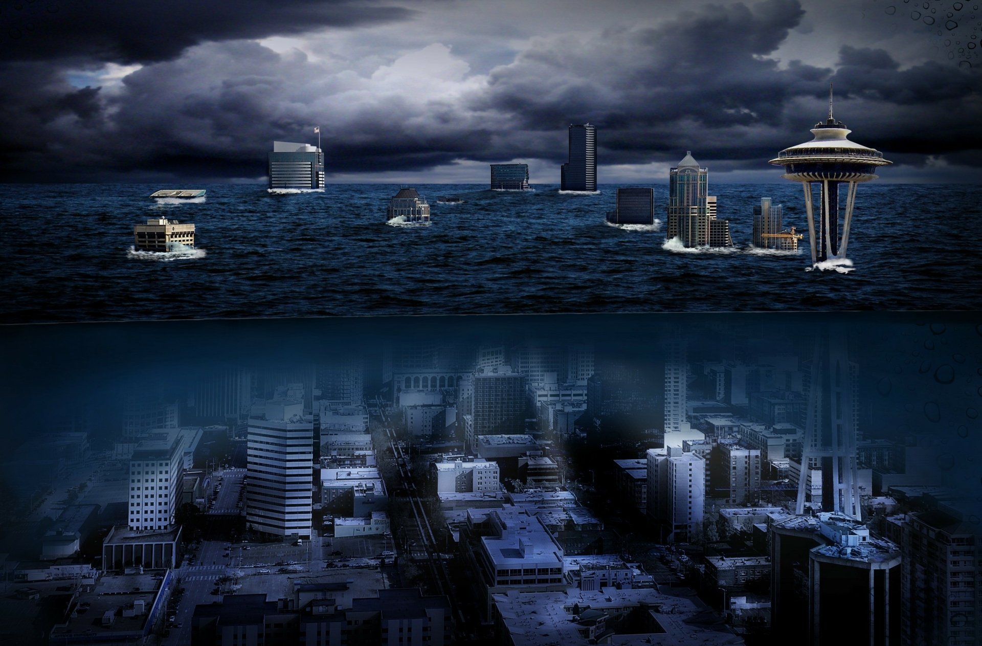 A striking HD wallpaper depicting a post-apocalyptic Seattle submerged in dark waters, with futuristic elements and ominous clouds, capturing an eerie, sci-fi atmosphere.