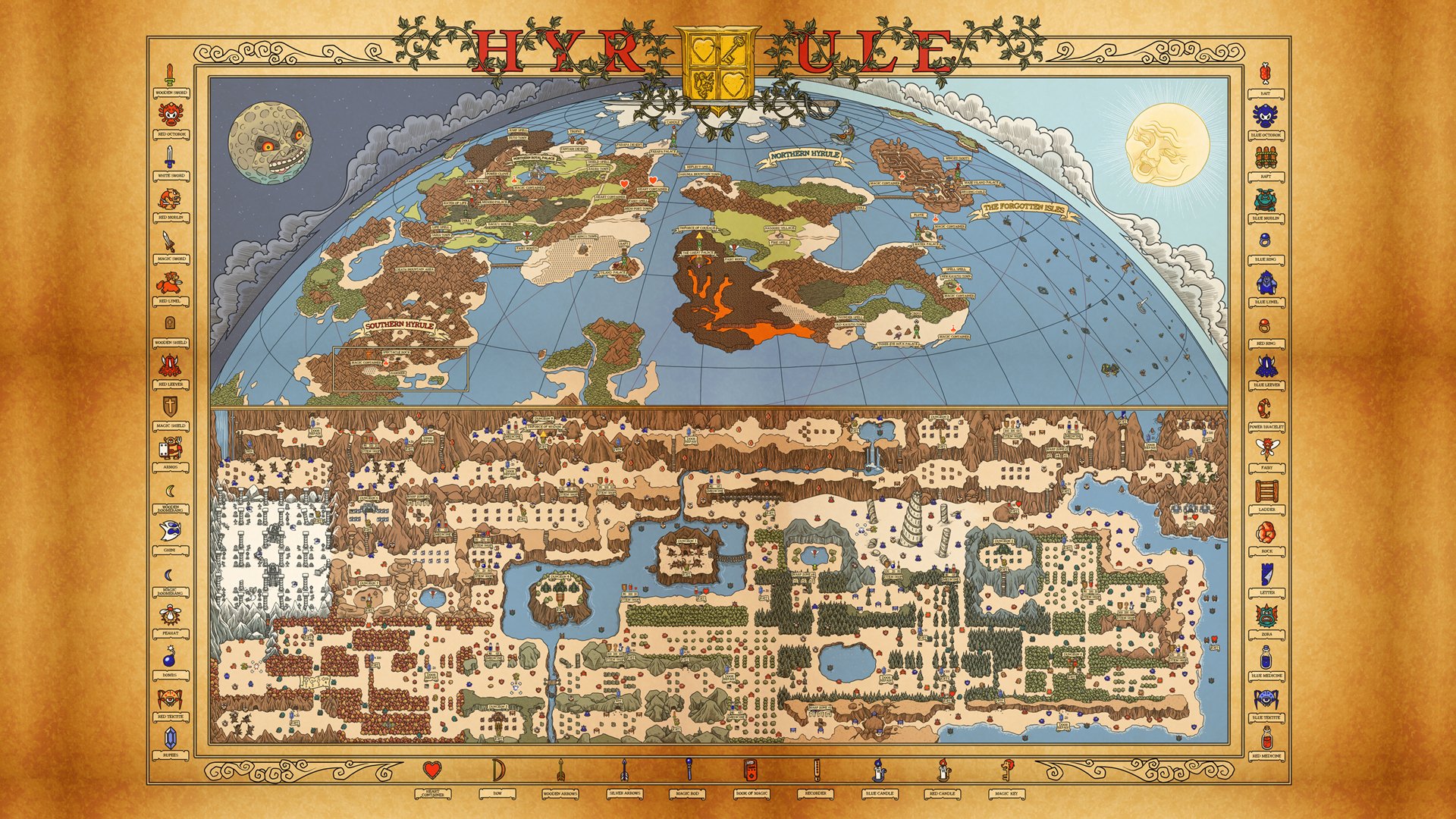 HD PC desktop wallpaper featuring a detailed, vintage-style map from The Legend of Zelda video game series.
