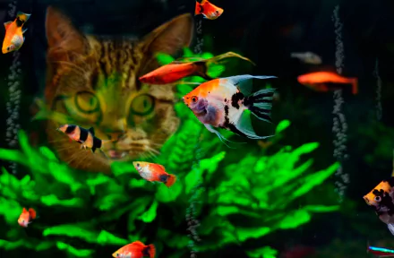 A vibrant aquarium scene features colorful fish swimming among lush green algae, with a curious cat peering in, creating a captivating and playful atmosphere.