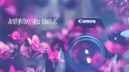 4K Ultra HD PC desktop wallpaper showing a Canon camera lens framed by pink-purple flowers and dreamy bokeh; man-made subject with soft floral foreground.