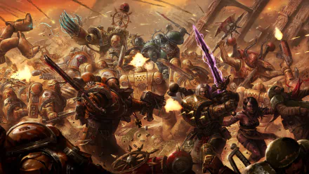 HD PC desktop wallpaper featuring an intense Warhammer video game battle scene with armored warriors clashing amid fiery chaos.