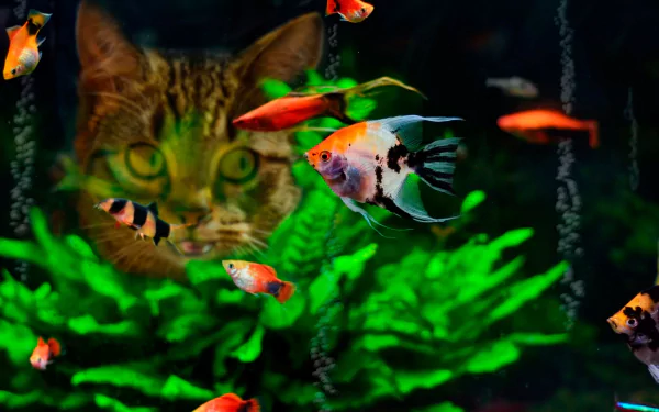A vibrant aquarium scene features colorful fish swimming among lush green algae, with a curious cat peering in, creating a captivating and playful atmosphere.