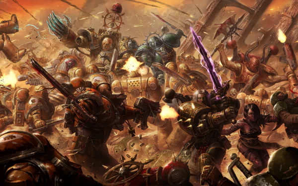 HD PC desktop wallpaper featuring an intense Warhammer video game battle scene with armored warriors clashing amid fiery chaos.
