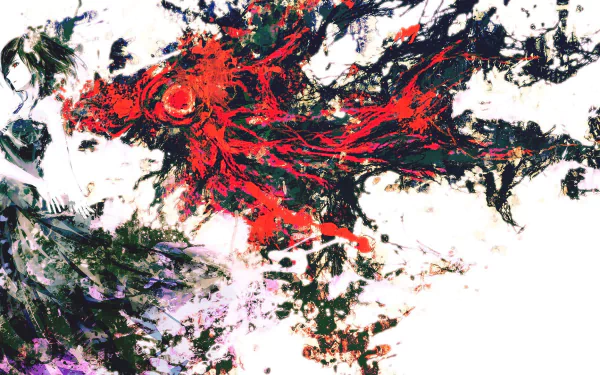 HD desktop wallpaper featuring a minimalist artistic rendition of Touka Kirishima from Tokyo Ghoul with vibrant splashes of color.