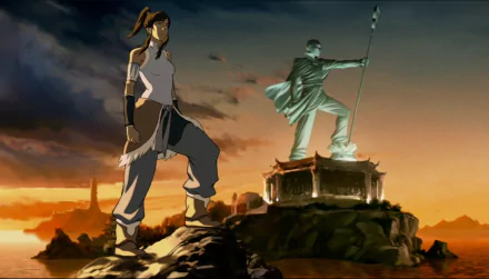 HD wallpaper of Korra from The Legend of Korra standing beside a statue at sunset.