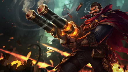 A high-definition wallpaper featuring Graves from League of Legends, showcasing his iconic dual cannons amidst a dramatic and explosive background.